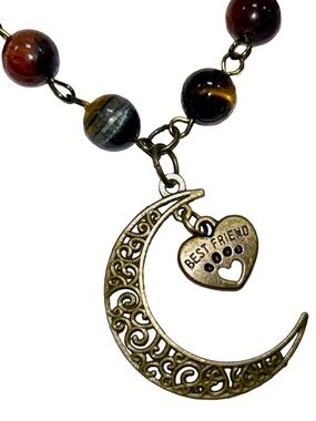 Handmade Crescent Moon & Paw Print Heart Necklace with Natural Tiger Eye Stones